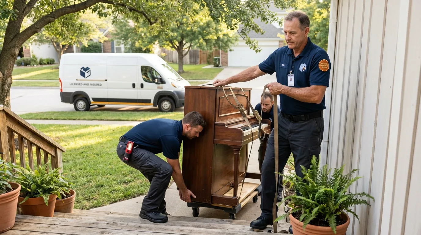 Licensed piano movers securing grand piano in Weymouth, MA