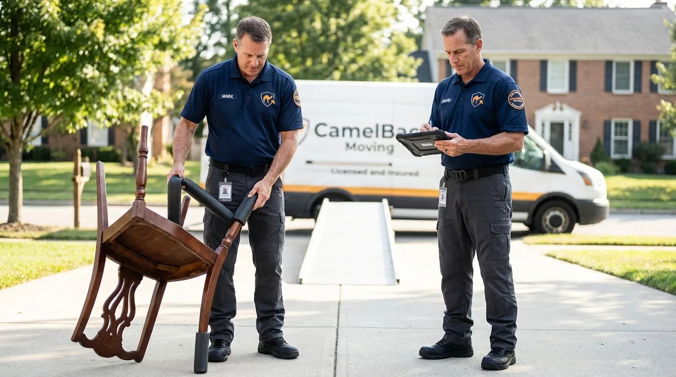 Movers inspecting furniture for damage prevention before loading in Weymouth, MA