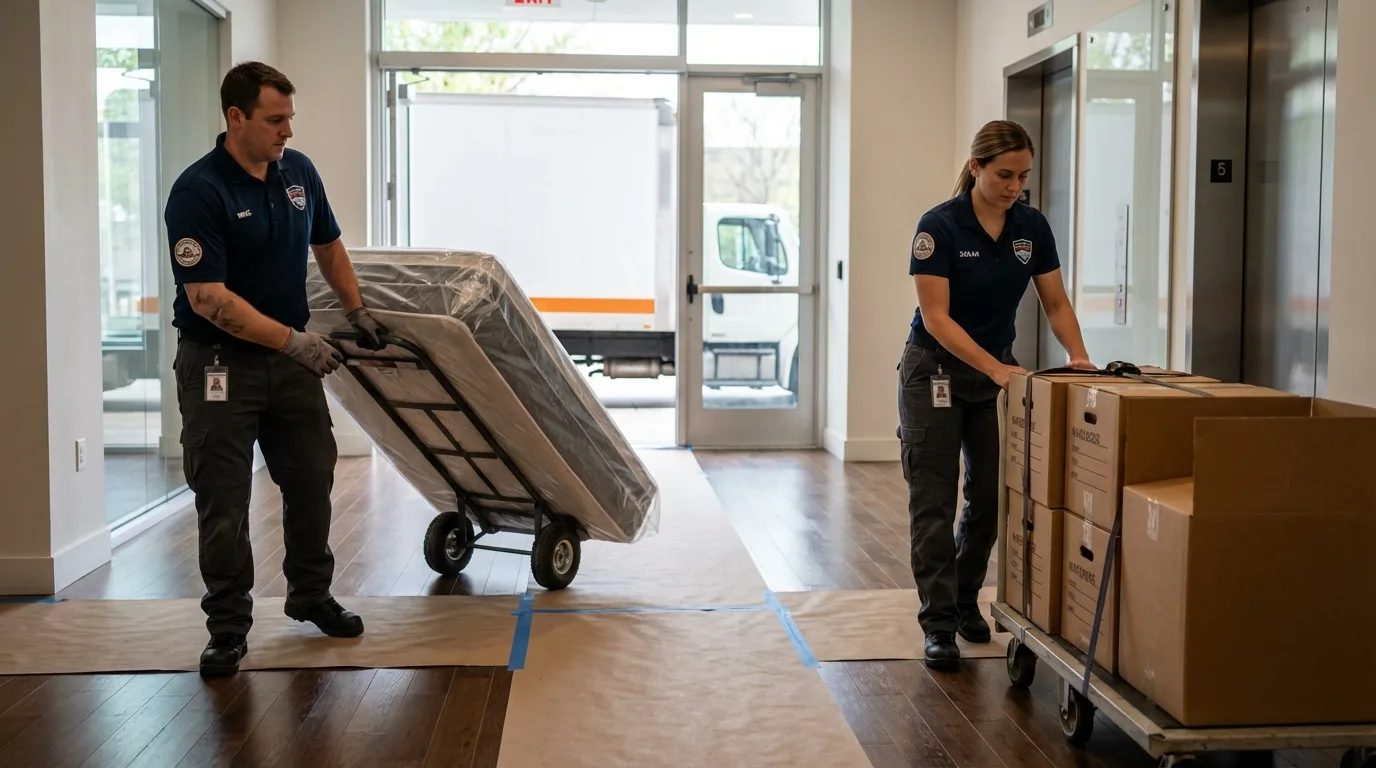 Professional apartment movers loading elevator in Weymouth, MA