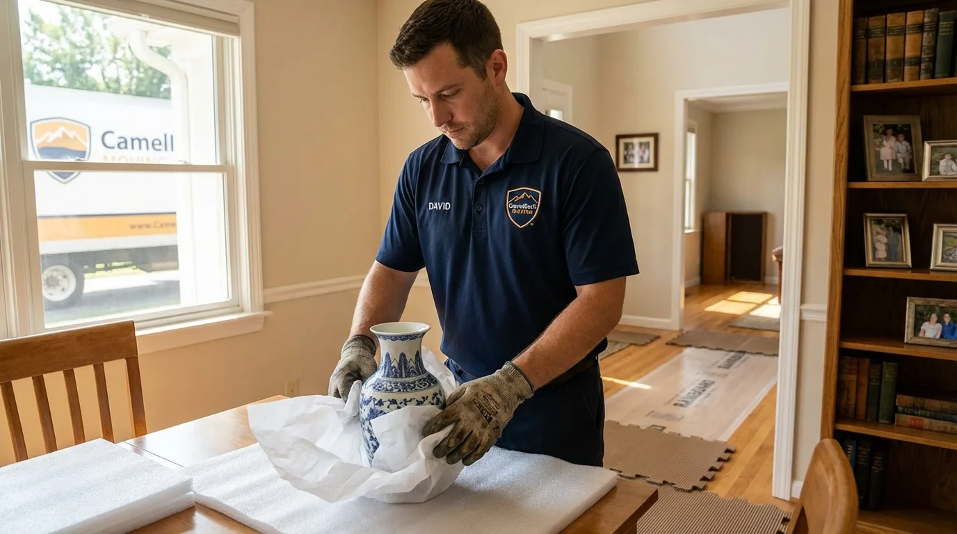 Professional crew carefully wrapping antique vase for senior downsizing move in Weymouth, MA